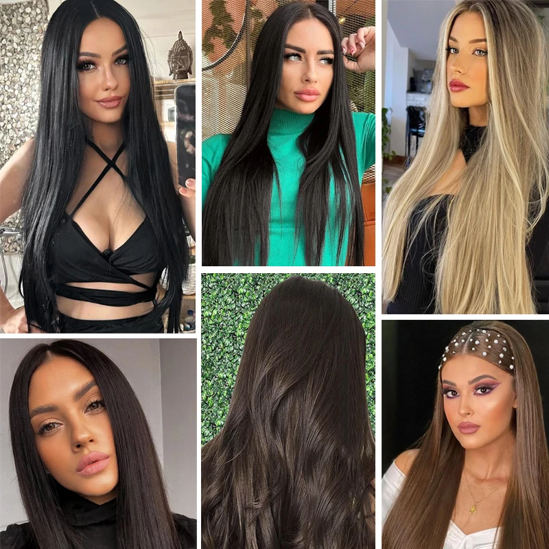 Black Hair Extensions Wig Straight 4 Clips in Hair Extensions Hairpiece Synthetic Fluffy Hair for Women All Occasions Use 24inch
