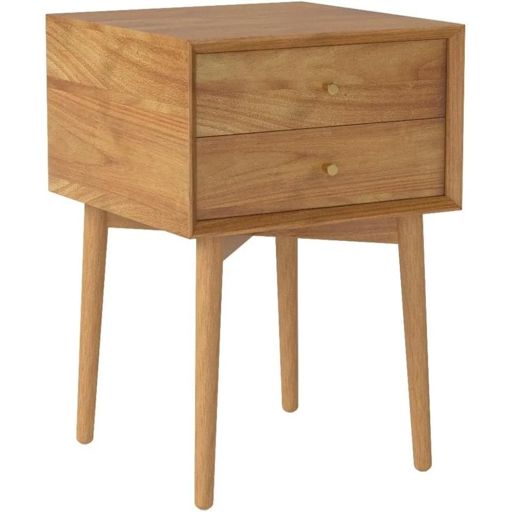 

Small Side End Table With Storage Mid-Century Oak Wood Nightstand With 2-Drawers Nightstands Brown Furniture Bedside Bedroom