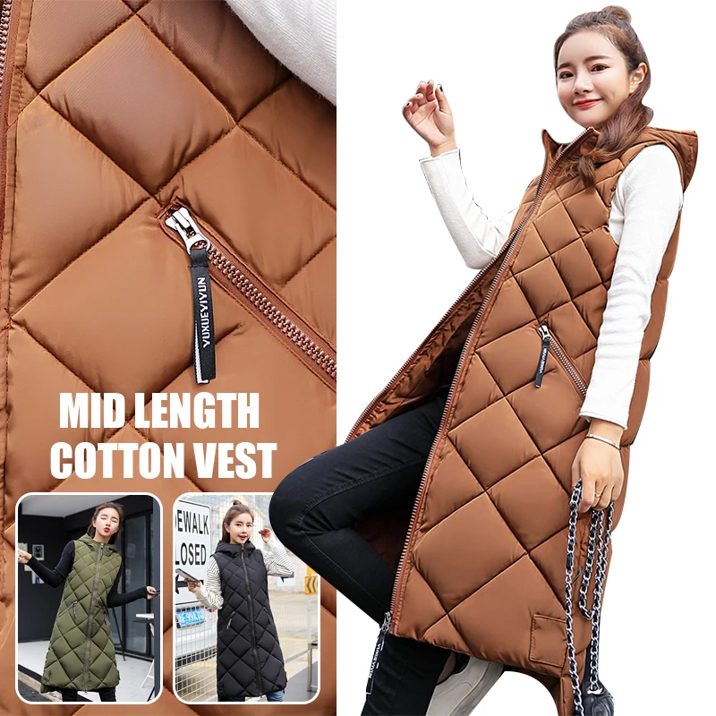 

New Women's Long Sleeveless Vest Winter Korean Casual Hoodie Thickened Warm Loose Down Vest Fashion Solid Color Plaid Coat