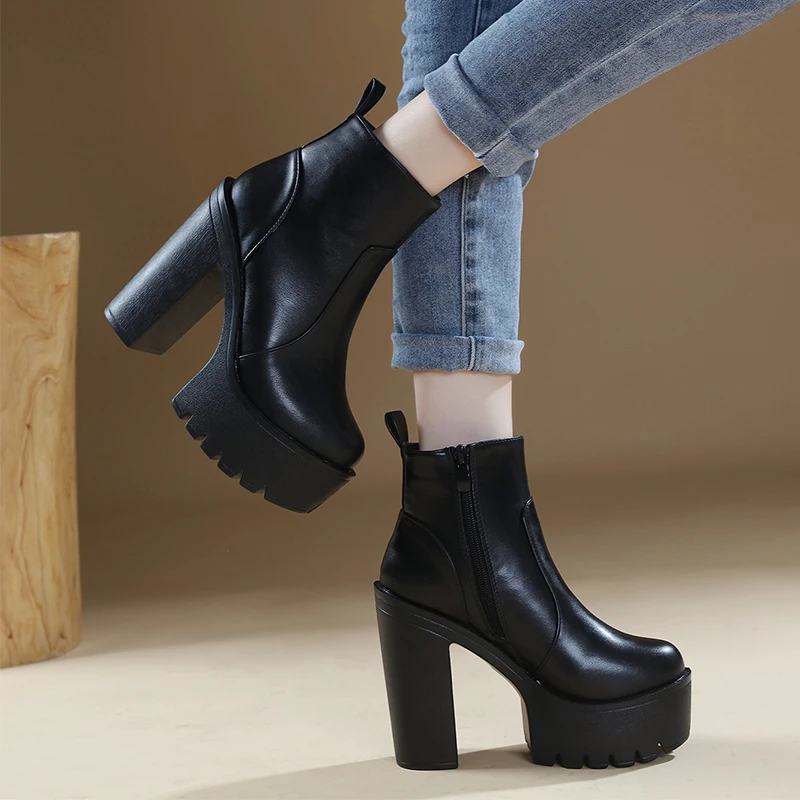 2023 Brand Design Ankle Boots Round Toe Thick High Heel Women Boots Leather Zapatos Mujer Fashion Autumn Women Shoes Botas Mujer