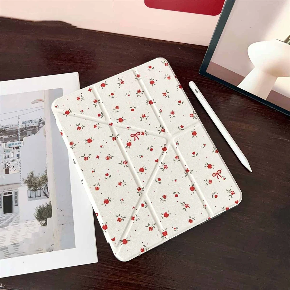 Vintage Red Rose Floral Tablet Case with Pen Slot - Protective Cover