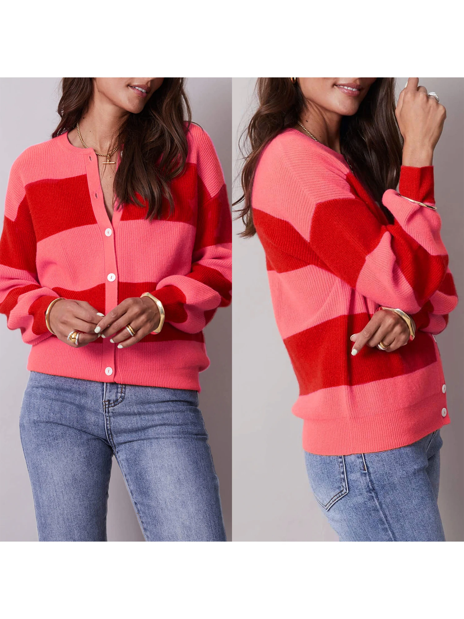 Ladies Cable Knit Sweater Coat with Pockets Long Sleeve Button Down Cardigan Winter Warm Contrast Color Jacket