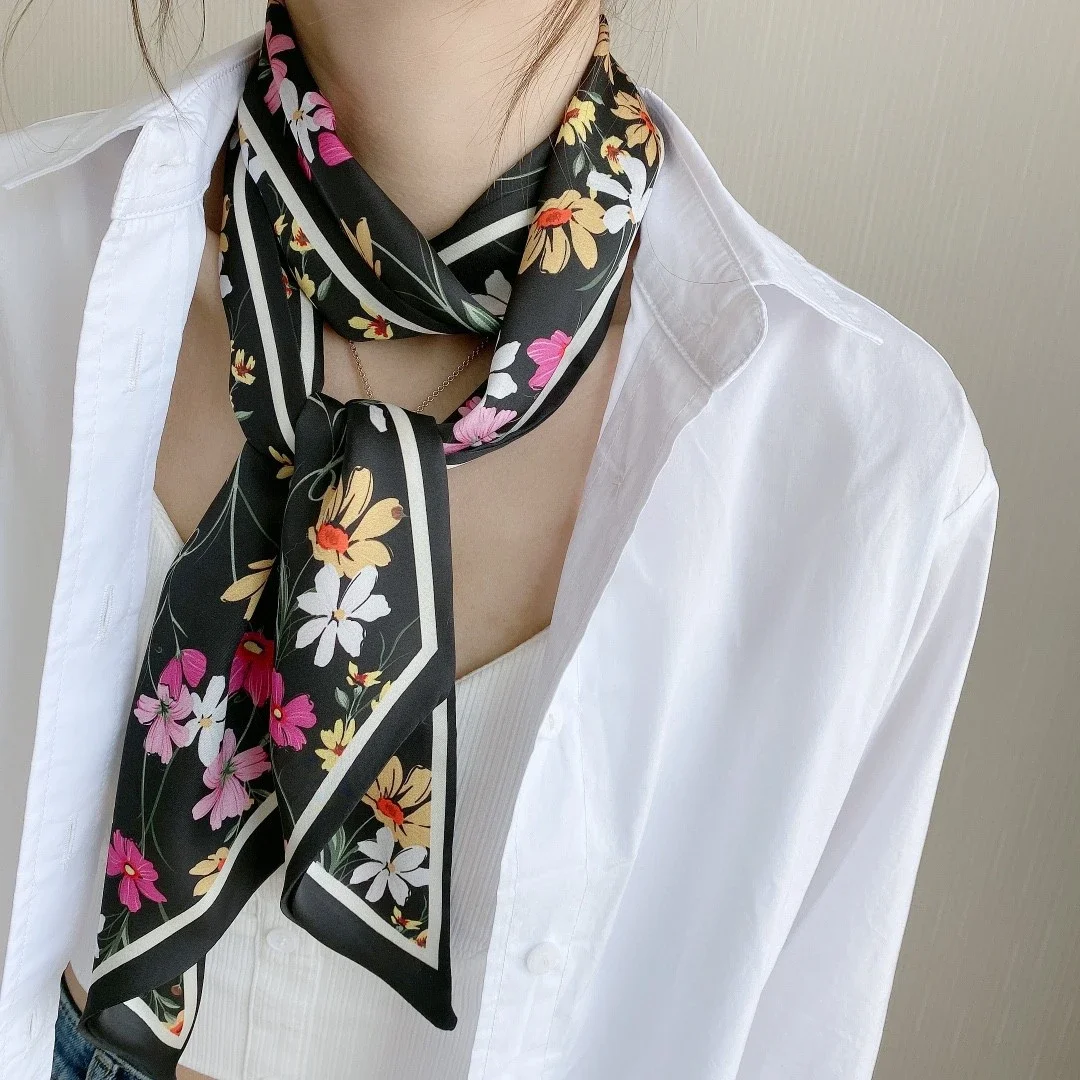 Frühling/Sommer Mode Stirnbänder für Frauen Blumendruck Leichter Schal Streamer Weiches Satin Halstuch Eleganter Haarschal – Detail 12