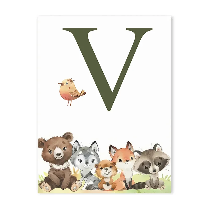 Impresiones de guardería de bosque, animales del bosque, ciervo, conejo, oso, zorro, arte de pared personalizado, pintura en lienzo, póster, imágenes de pared, decoración de habitación de niños