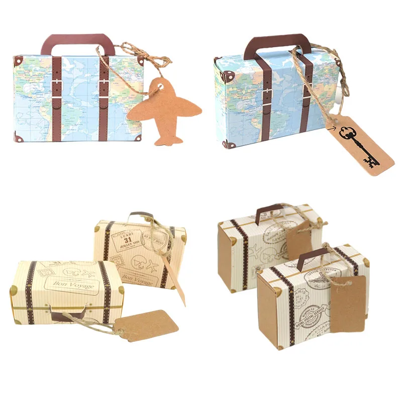 20 Bustine Regalo Vintage A Forma Di Valigia – In Cartone Kraft Con Bussole E Cartellini