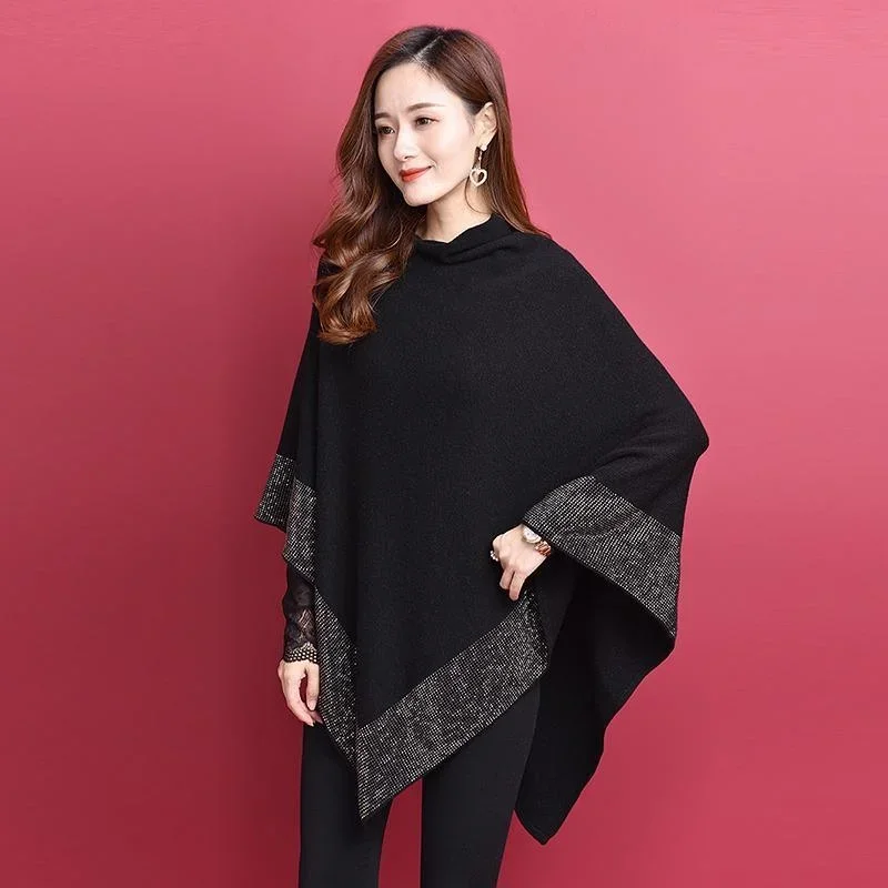 

2024 Spring Autumn New Diamond High Quality Soild Knitted Vintage Cape Coat Loose Bat Sleeve Black Sweater Shawl Women Poncho