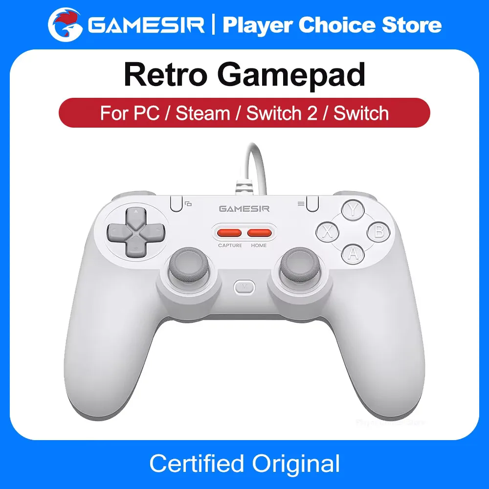 GameSir Retro - Controles con Cable para PC, Steam, Switch 2/1, Tegenaria Lite, con Palanca de Efecto Hall y Frecuencia de Actualización de 1000Hz