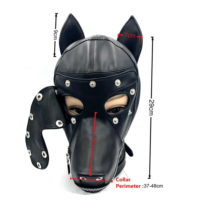Männer maskierte PU-Leder-Hundekopfbedeckung BDSM Cosplay Reißverschluss offener Mund Augenbinde Maske Kapuze Feti_voghion.com