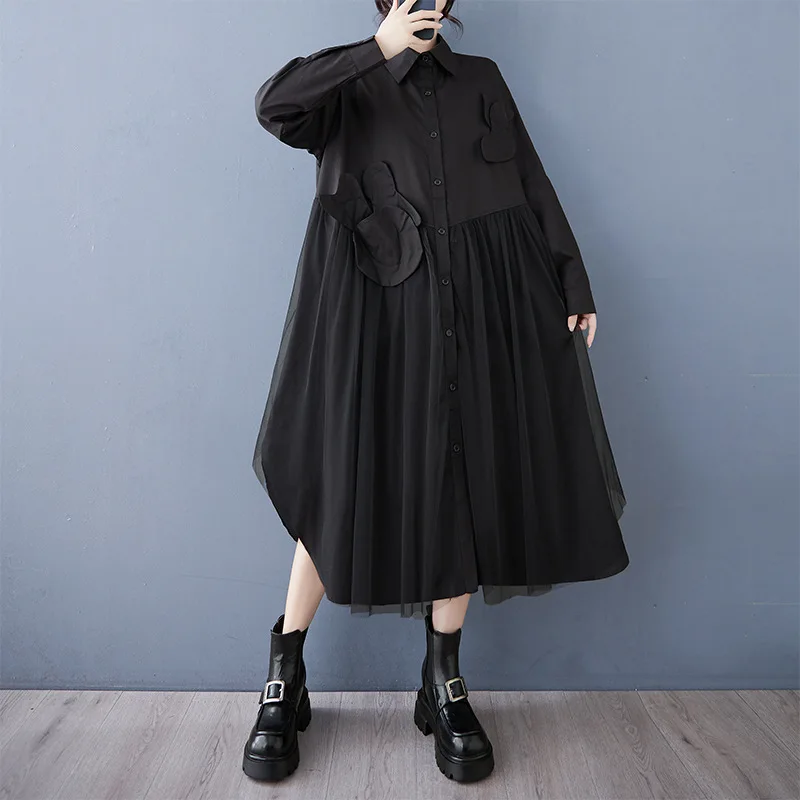 #2609 Black White Women Irregular Shirt Dress Long Sleeve Loose Split Joint Mesh A-line Midi Dress Ladies Single Breasted Spring 2