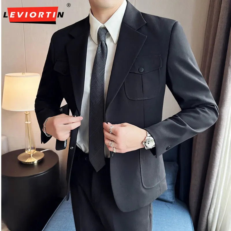 

Men's Slim Fit Office Suit Coat Solid Color Handsome Two Button Pocket Decoration Design Sense Suit Male Host Banquet Dress