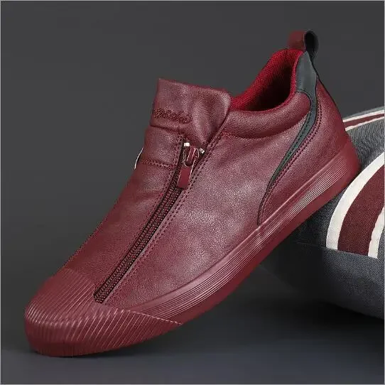 2024 New Autumn Men's Trendy Sports Shoes Leather Soft Sole High Top Men's Shoes One Step Zipper Leather Shoes Size 38-44 5