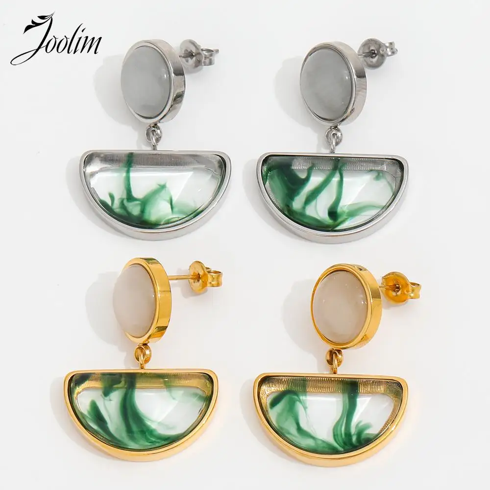 

Joolim Jewelry High Quality PVD Wholesale Fashion Natural Resin Glazed Cat Eye Drop Hoop Stainless Steel Earring for Women