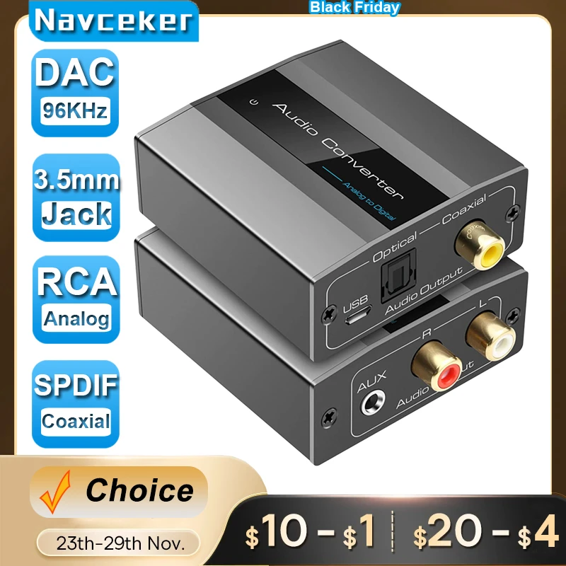 Navceker 96khz Analógico para Conversor de Áudio Digital com Rca 3.5 mm Jack Estéreo para Adaptador Coaxial Óptico Toslink Spdif para tv Ps3