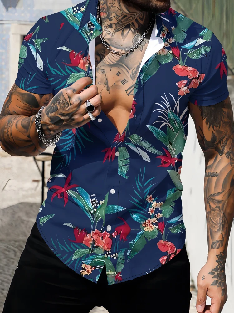 Camisa de flores Retro clásica para hombre, estampado Digital 3D, cuello abatible, camisa de manga corta, ropa cómoda de alta calidad, Top