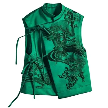 Giacca gilet cinese in pizzo verde con ricamo cigogne bianco pesante retrò 2025 Gilet stile cinese primavera estate Capispalla femminile 1