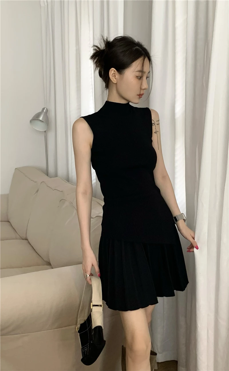 New Black Two Piece Sets Womens Outfits Design Irregular Knitted Sleeveless Tops + Pleated Mini Skirts Suits Sporty Summer miyake pleated large size casual loose v neck sleeveless black women jumpsuit bell bottom loose dress