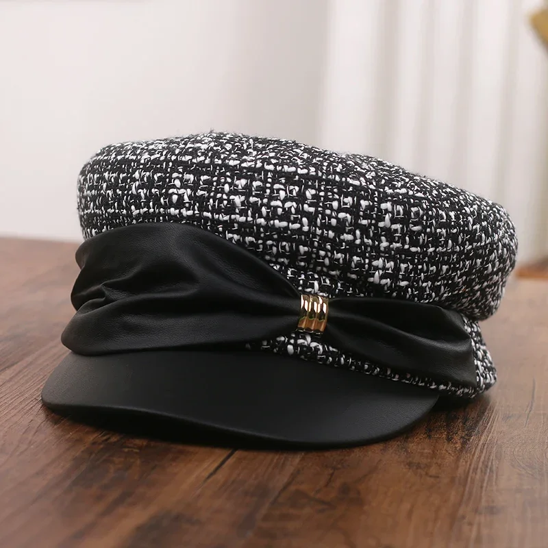 USPOP Brand Design New Women Fashion Tweed Newsboy Caps Autumn Winter Retro Woolen Patchwork Warm Caps with PU Bow