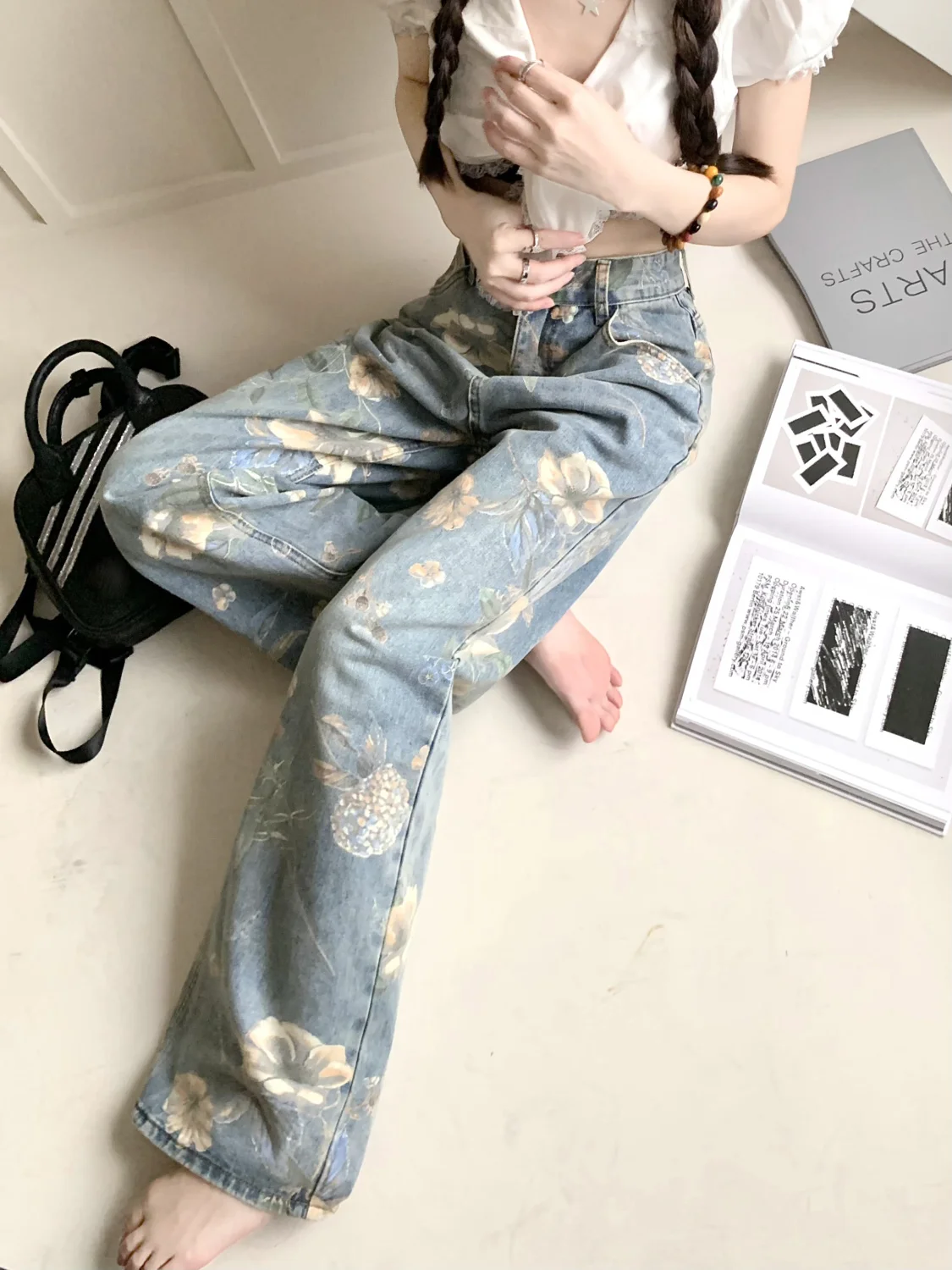 Vintage Hottie Fashion Printing Jeans Women Summer High Waist Appear Thin All-match Casual Wide Legs Mopping the Floor Trousers