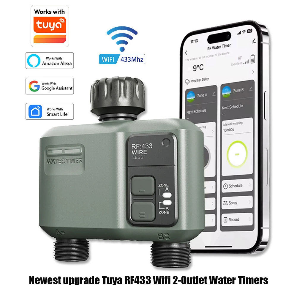 WLAN RF433 Smart Garten-Sprinkler-Wassertimer mit 2-Wege-Regenverzögerung, Filter, programmierbarer automatischer Bewässerungscontroller für Tuya