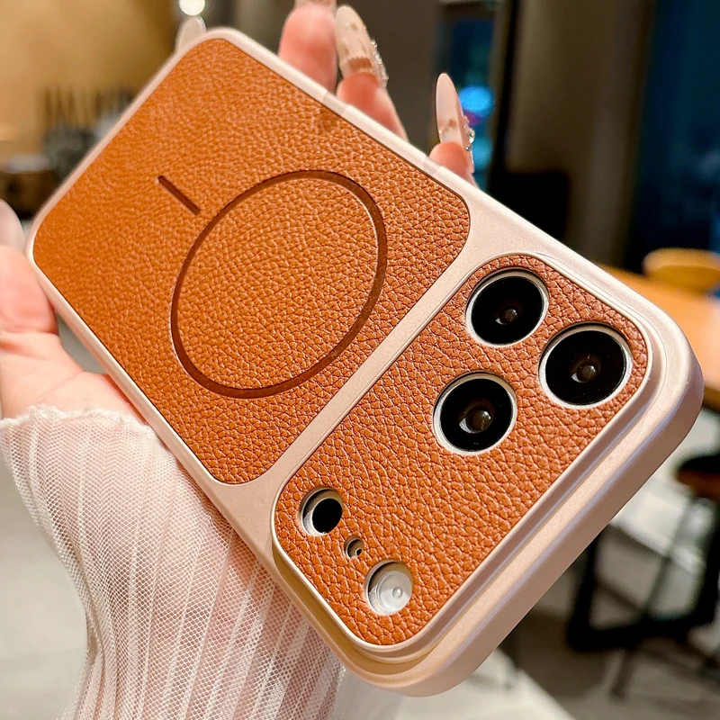 Magnetic Wireless Charging Case For Iphone Pro Max With Lychee Leather Texture And Shockproof Protection_voghion.com