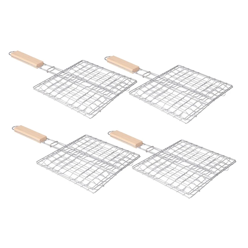 

HOT SALE BBQ Net Basket Grilling Baskets For Fish Folding Vegetable Barbecue Wire Grid Rack BBQ Accessories With Wooden Handle