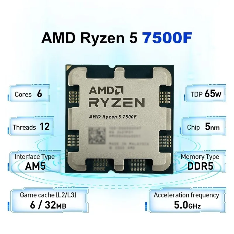 AMD 라이젠 5 7500F 3.7GHz 6코어 12스레드 프로세서, 32MB L3 캐시, 65W TDP, AM5 소켓, PC 게임용, DDR5 메모리 지원