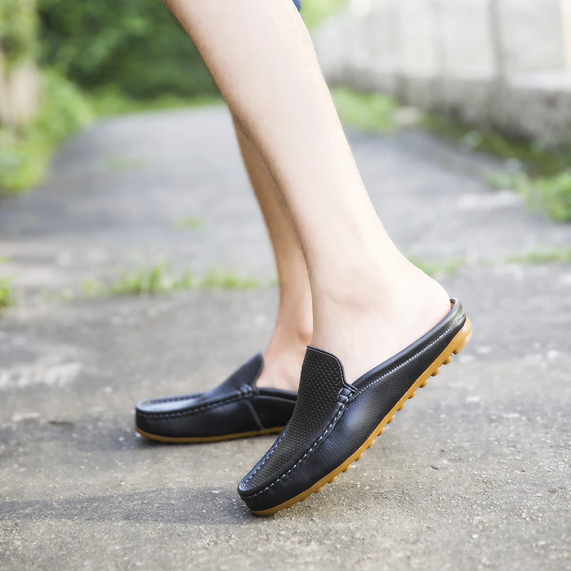 Summer Men Casual Loafers Fashion Breathable Genuine Leather Slippers Outdoor Light Mules Cool Half Shoes Italian Design Sandals — view 6