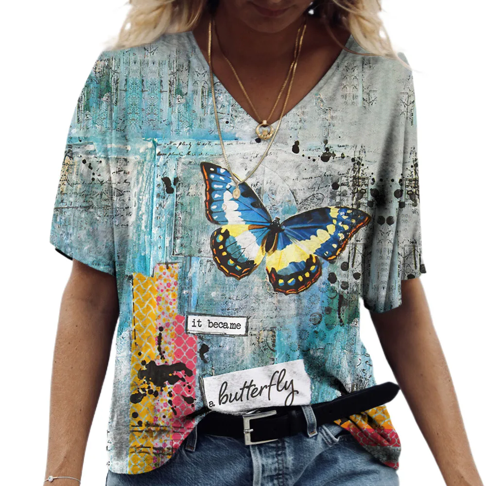 

Summer Women's T-Shirt Vintage Casual Fashion V Neck Pullover Short Sleeve Butterfly Print Loose Daily Tops Female Clothing