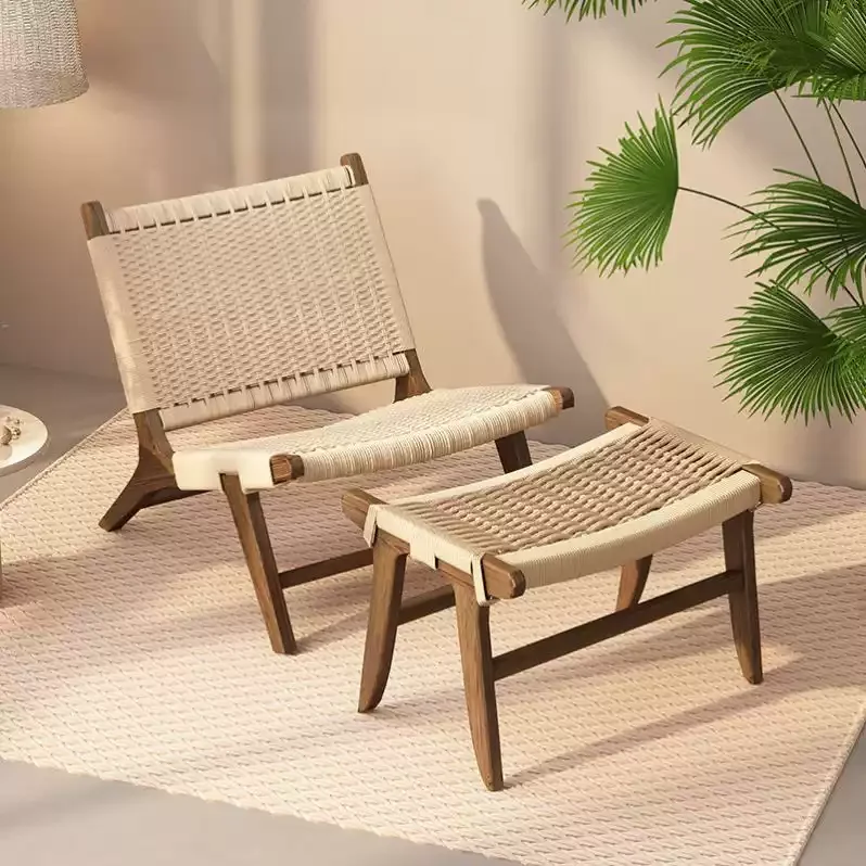 Rope Woven Solid Wood Lounge Chair, Nordic Balcony Leisure Chair, Wabi-Sabi Lazy Armchair for Small Spaces and Bedroom Decor