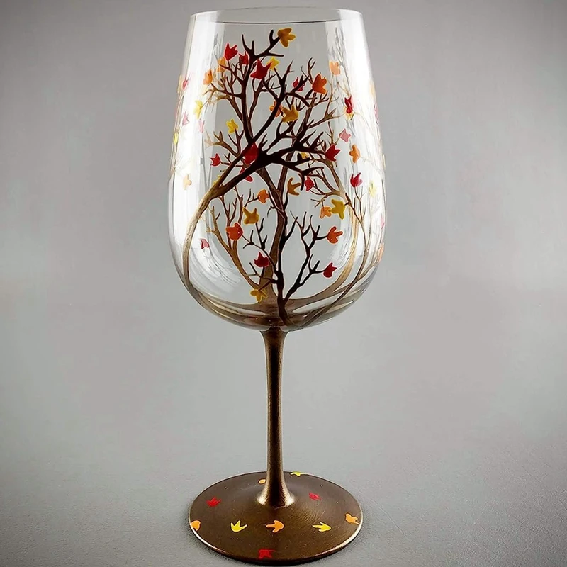 AEE4-Autumn Tree Wine Glass-Fall Colors-Leaves Of Red, Yellow, Orange Hand Painted Fall Leaf