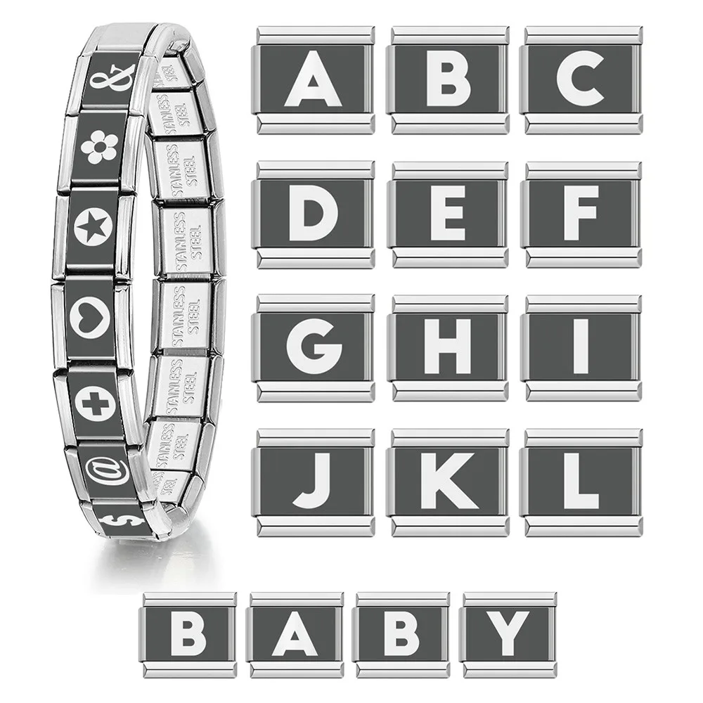 Großhandel mit italienischem Charm-Link, passend für 9 mm Laserperlen, 26 englische Buchstaben, Armband, Edelstahl, DIY, elastische Schmuckherstellung für Geschenke