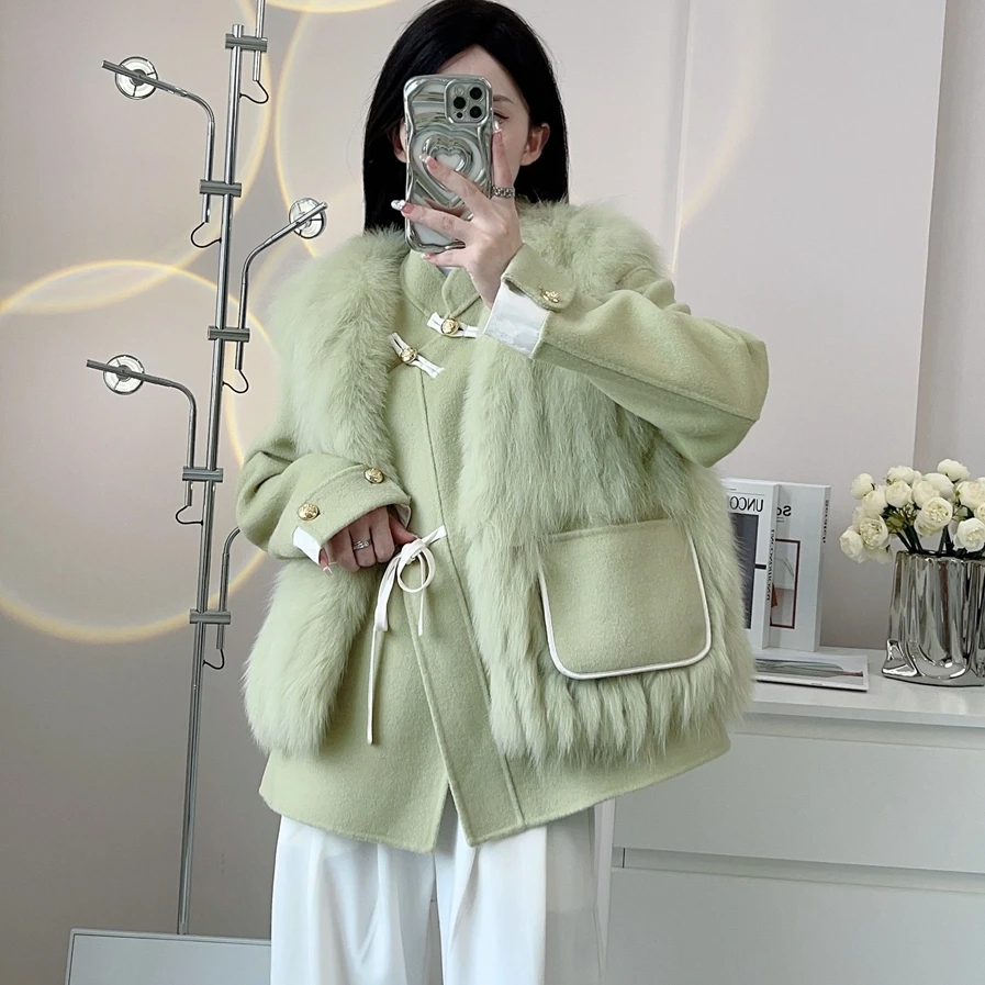 

2023 Winter Women's Real Fox Fur Vest 100% Wool Cashmere Warm Jacket Detachable Luxury Thick Two Piece Fur Feamle Coat
