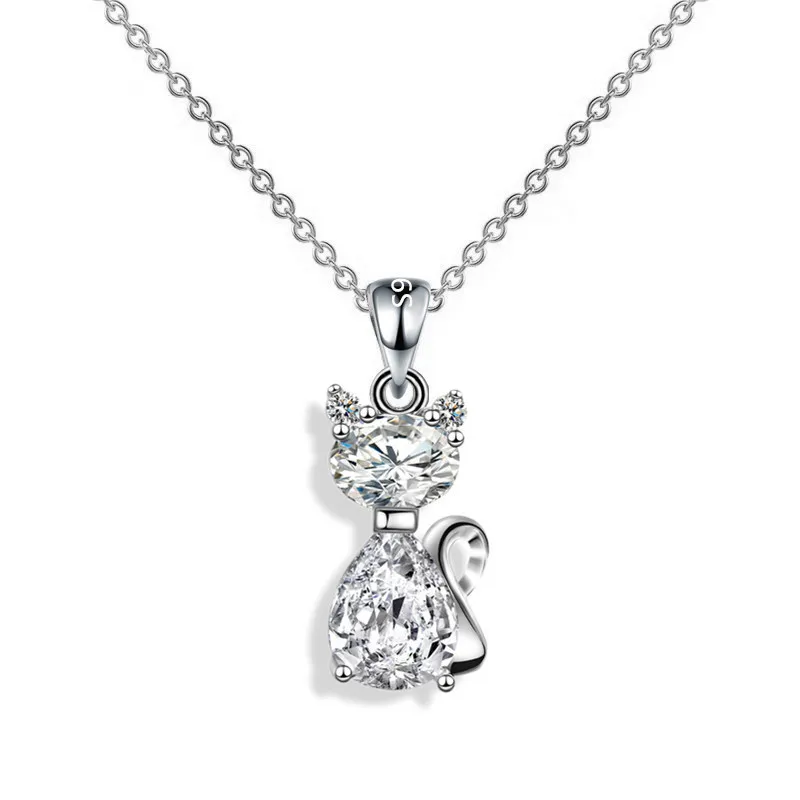 Cute Crystal White Cat Zircon Stone Pendant Necklace Vintage Wedding Jewelry For Women