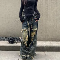 Y2K High Street Ripped Tassel Washed Baggy Jeans Woman Retro Street Hip-hop Loose Old Fashion Casual High Waist Wide Leg Jeans 1
