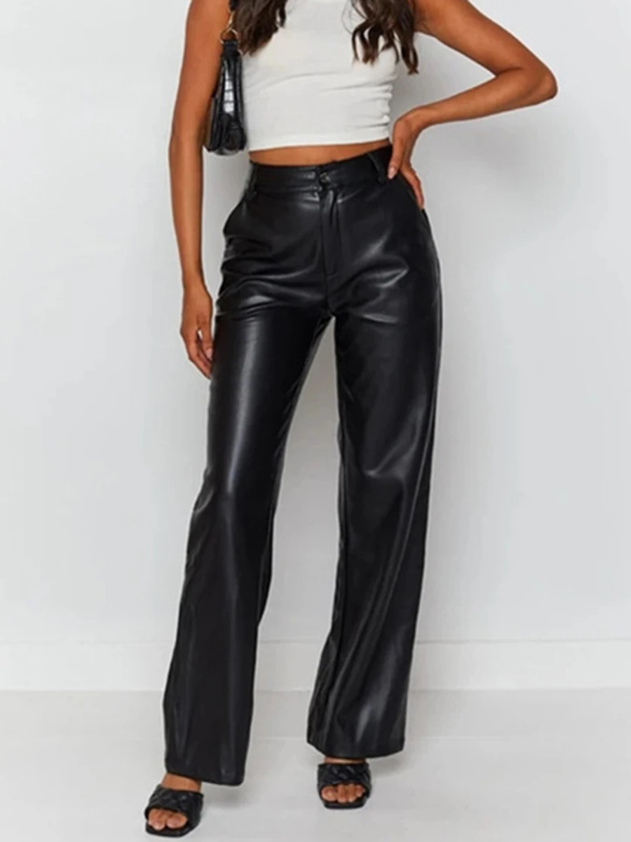 Solid Color Slim Fit PU Pants 2023 Summer New Casual Women's High Waist Straight Leg Leather Pant