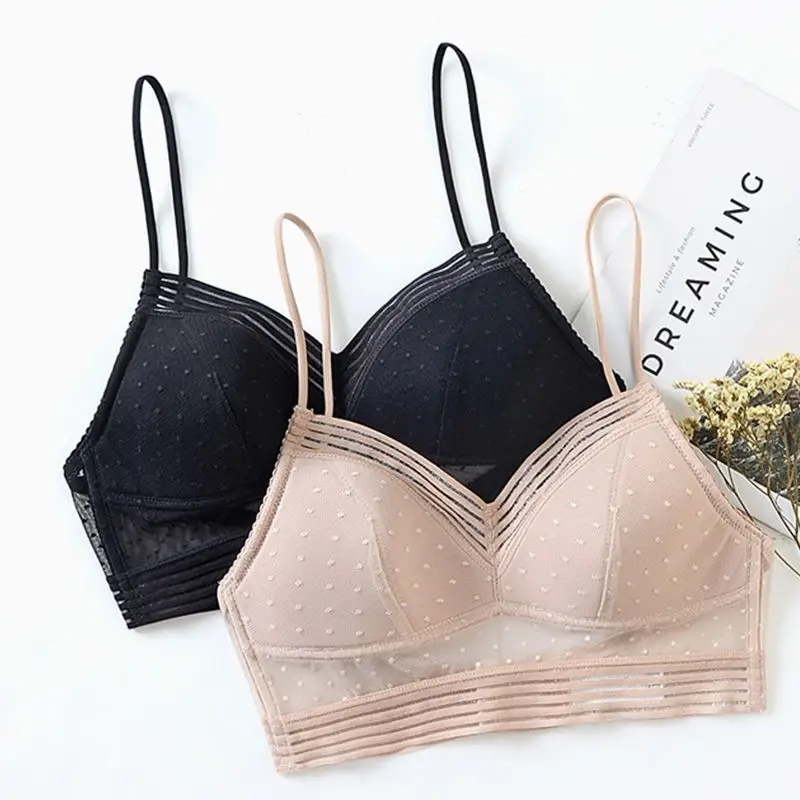 

Women Sexy Deep Low Back Lace Bralette Thin Cup Polka Dot Mesh Wireless Bra