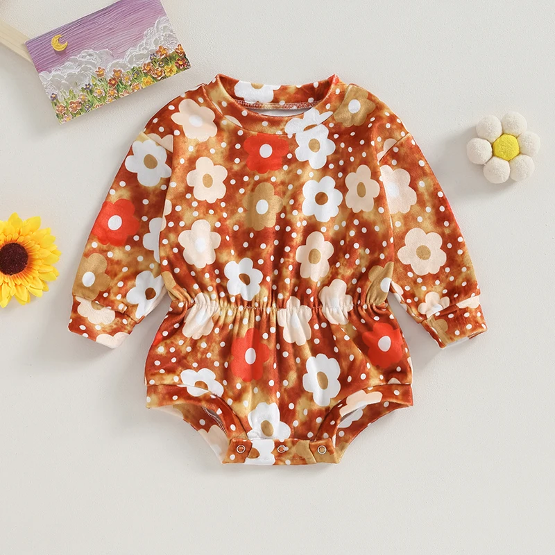 

Baby Girl Sweatshirt Romper Floral Dot Print Tie Dye Long Sleeve Ruffled Bodysuit Fall Velvet Clothes