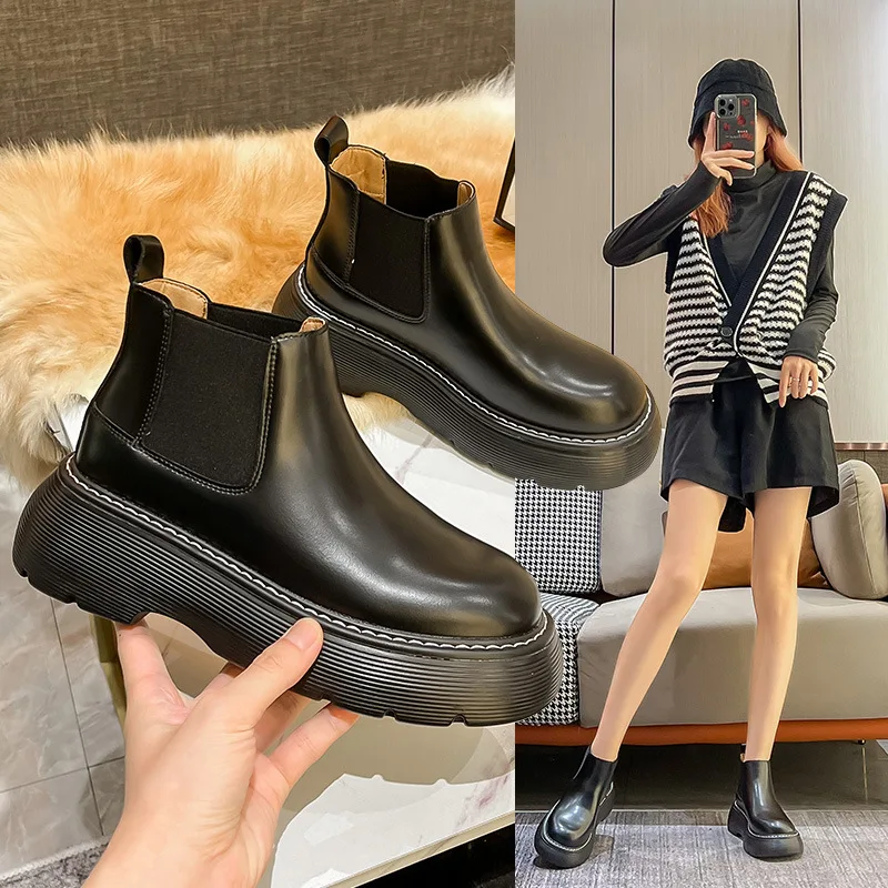 

2023 New Brand Chelsea Boots Women Autumn Platform Ankle Boots Fashion Leather Waterproof Women Short Rubber Boots Ladies Shoes