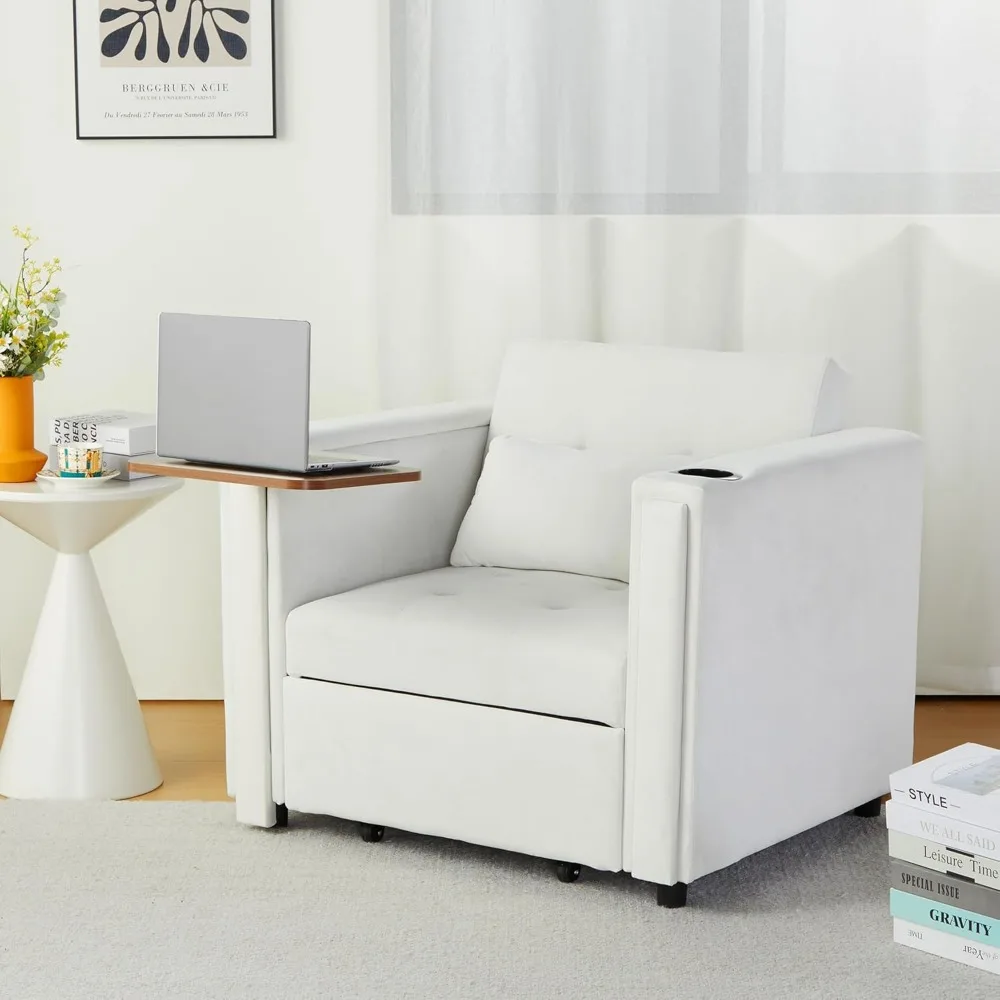 Convertible Chair Bed, 3-in-1 Multi-Functional Velvet Sleeper Sofa Pull-Out with Hidden Side Table (White) Children's Sofas 2