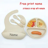 Silicone Feeding Plate Dishes For Kids Round Suction Cup Plate Baby Feeding Spoon Fork Wooden Handle Personalized Name Tableware