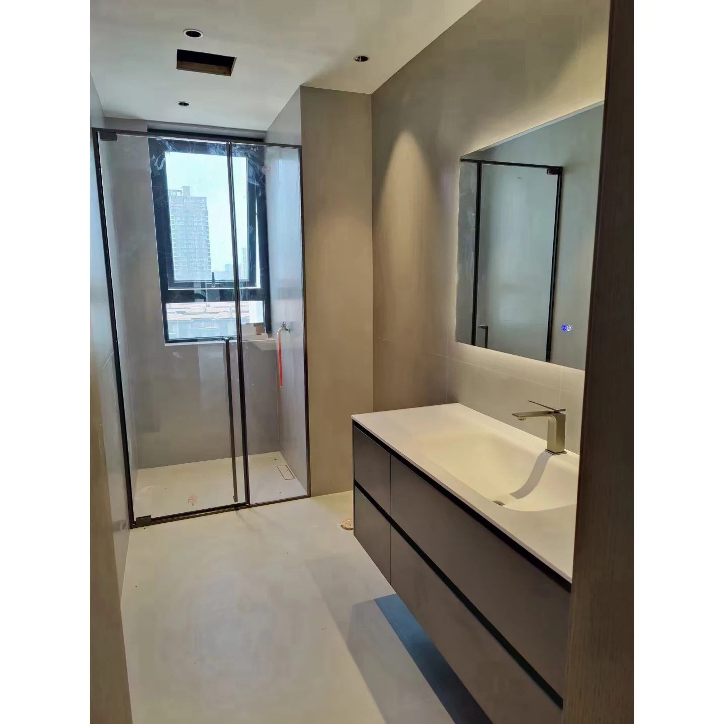 2000mm Bathroom Furniture Corian Basin Oka Wood Cabinet Light Mirror Custom-Made Comb Vanity 008A