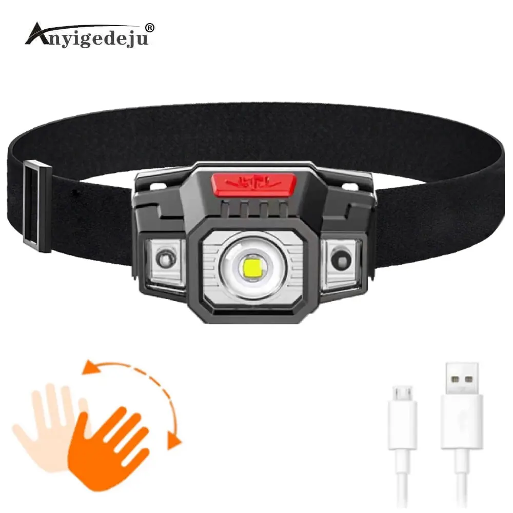 Mini Rechargeable LED Headlamp Body Motion Sensor Headlight Camping Flashlight Head Light Torch Lamp with USB Built-in Battery
