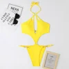 Pearl Chains Bikini String Hollow Out Monokini Backless Swimsuit Vacation Swimwear Women Beach Bathing Suit Yellow Bikinis Mujer