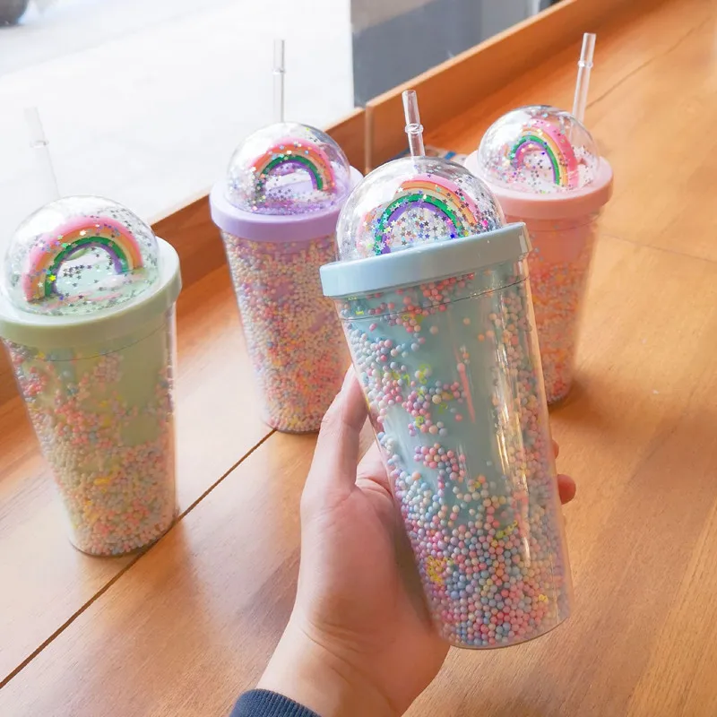 Cartoon Cute Rainbow Cup with Straw BPA Free Woman Girl Water Bottle For  Juice Milk Coffee Double-layer Plastic Drink Bottle