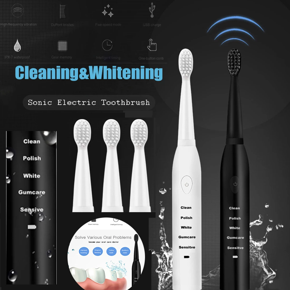 

Electric Toothbrush Ultrasonic Sonic Rechargeable Tooth Brush Black Washable Electronic Whitening Adult Timer Teeth Brush