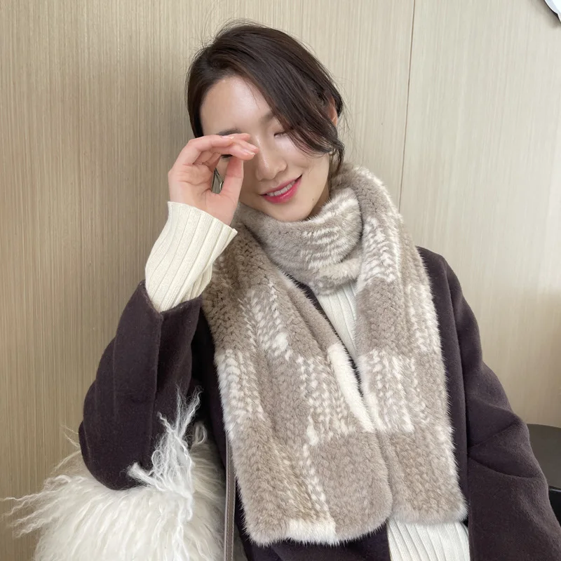 

New Arrival Mink Fur Scarf Winter Neck Warmer Woven Mink Fur Shawls For Women Luxury Soft Real Fur Checkerboard scarf