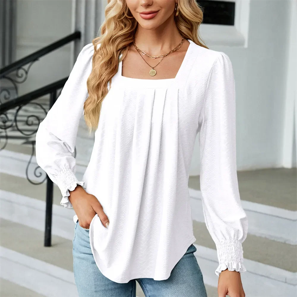 Women's Blouses & Shirts for Women Elegant Clothes Korean Long Sleeve Square Neck White Chiffon Tops Spring Autumn Clothing