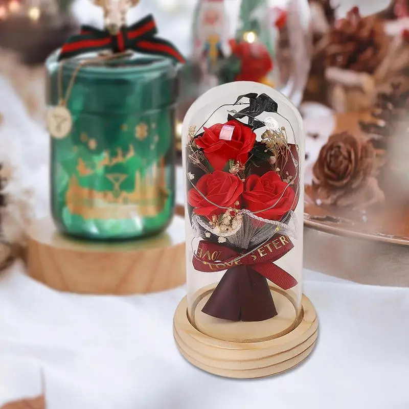 Eternal Rose, Rosa Conservata In Cupola Di Vetro Con Base Legno E Luce LED, Regalo Romantico Per San Valentino E Anniversari, 3 Rose