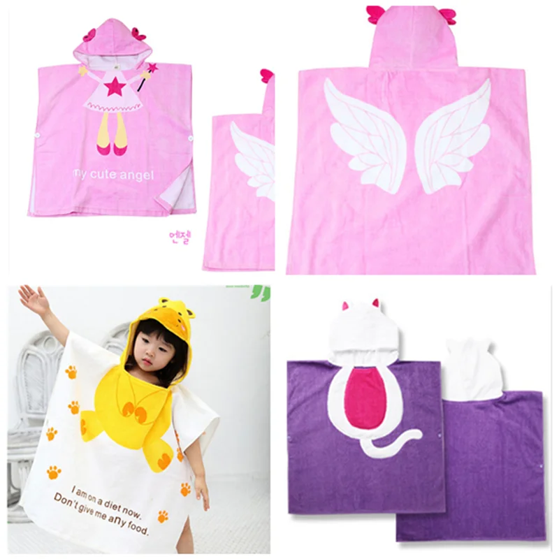 Children's Hooded Towel 100% Cotton Animal Model Baby Bath Towels Kids Beach Wrap Towels Play Water Shower Cat Frog Cow Printed