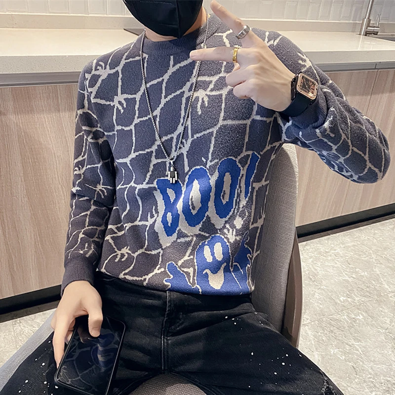 New Fashion Mesh Print Knitted Sweaters for Men Street Hip Hop Casual  Pullover Christmas Sweater Autumn Winter Brand Men Clothes